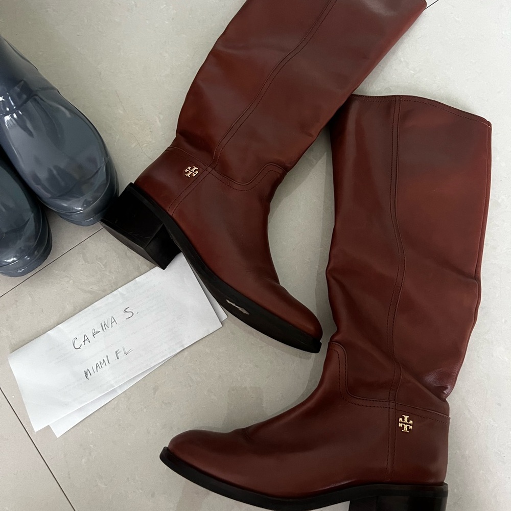 Tory Burch 'Fulton' Riding Boots Brown Gold Leather - Picture 2 of 3